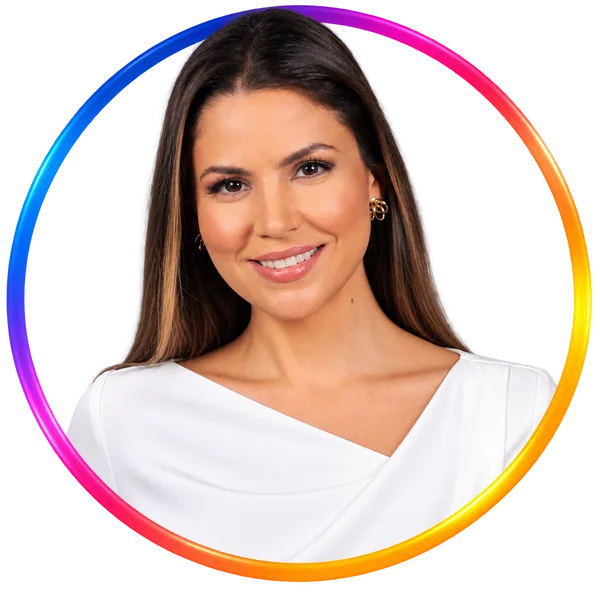 Portrait of author Isabella Blue smiling, in a white top, framed by a blue-to-orange gradient ring