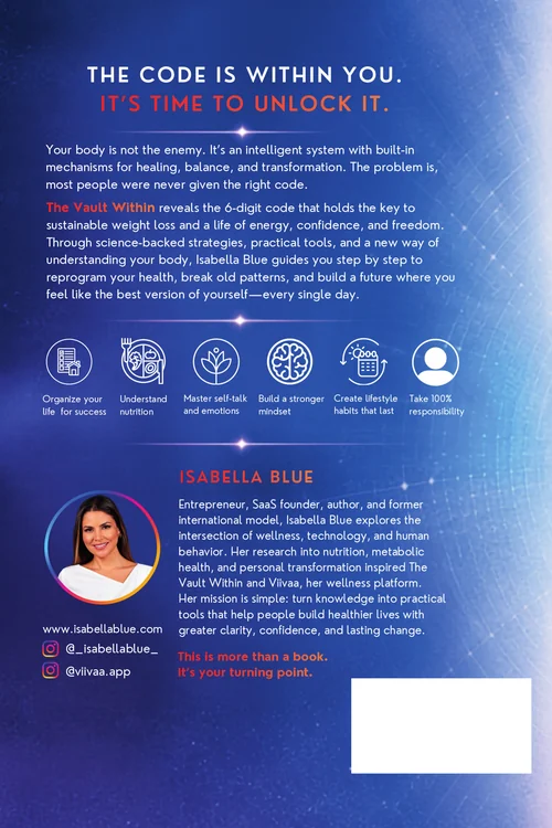 Back cover of the paperback: the back-cover copy, the six digits of the code and Isabella Blue's author bio