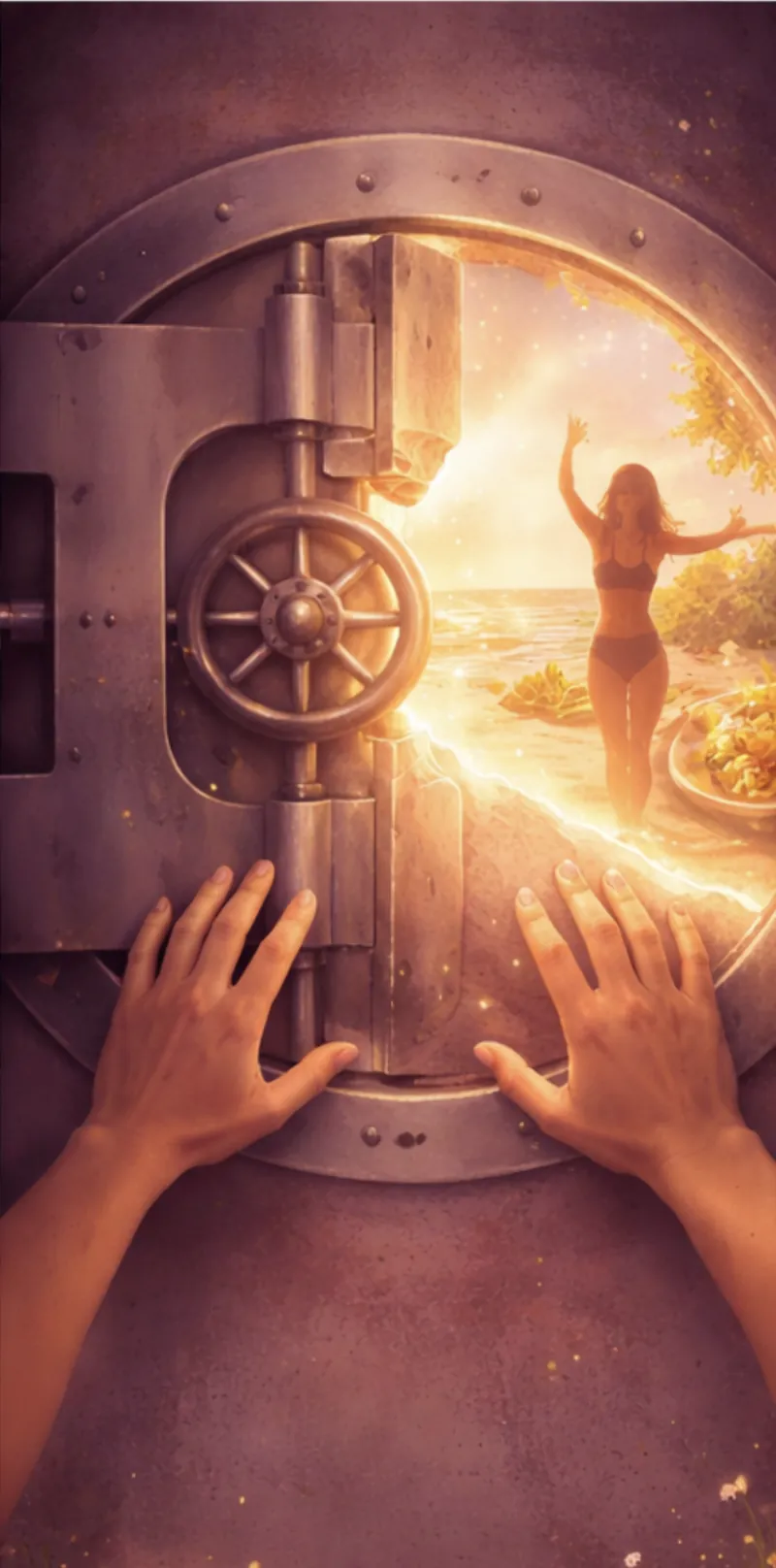 Illustration of two hands opening a heavy vault door, revealing golden light and a woman celebrating on a sunny beach on the other side