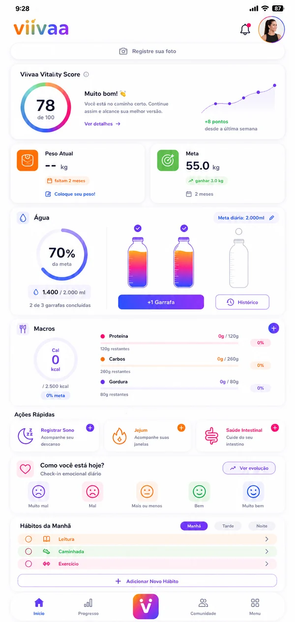 The Viivaa app home screen, with the Vitality Score, water, macros, mood check-in and daily habits